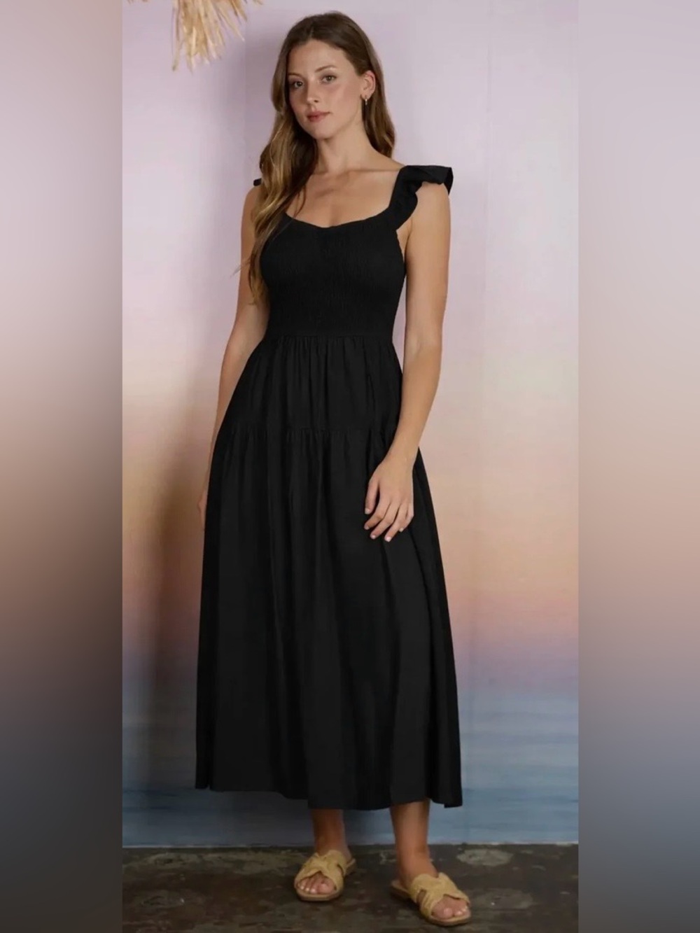 Blu Pepper Black Ruffle Strap Maxi Dress